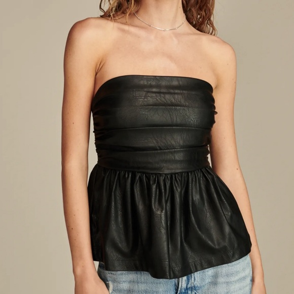 Lucky Brand Tops - Lucky Brand black faux vegan leather ruched peplum strapless tube top size XS